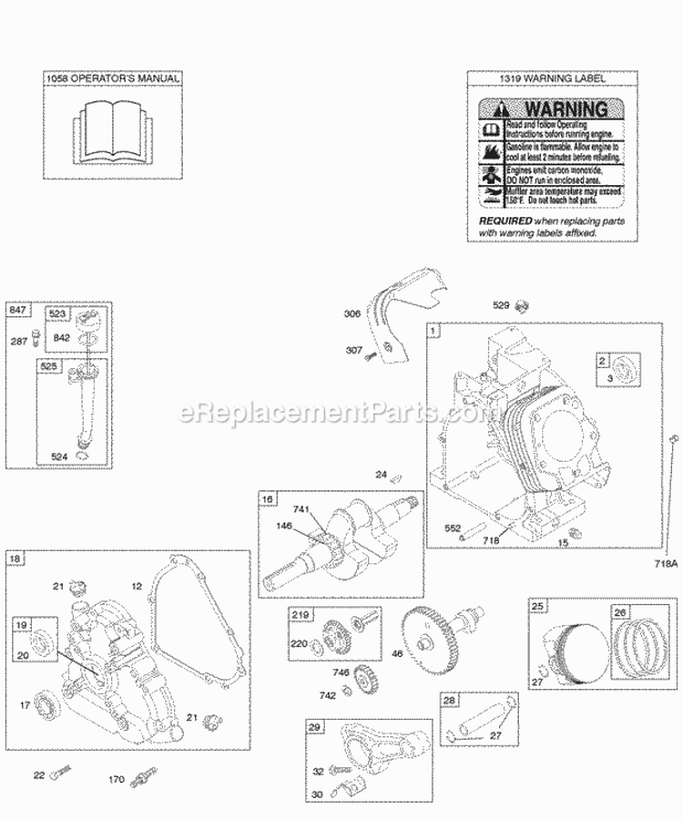Camshaft Crankcase Cover Crankshaft Cylinder Lubrication OperatorS Manual PistonRingsConnecting Rod Warning Label Diagram and Parts List for 213432-0100-E1  Briggs and Stratton Engine